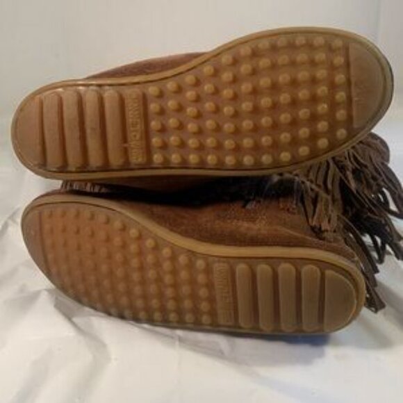 Minnetonka Brown Suede Girls Triple Layer Fringe Side Zip Calf High Boots - Picture 6 of 8